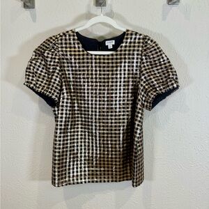 J.Crew Factory Black & Gold Metallic Gingham Check Puff Sleeve Blouse, Size L